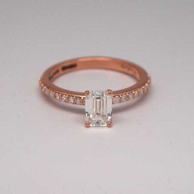 14kt rose gold and emerald cut engagement ring