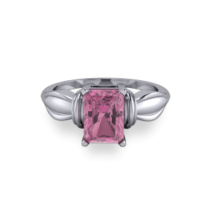 Bow shaped pink tourmaline radiant platinum engagement ring