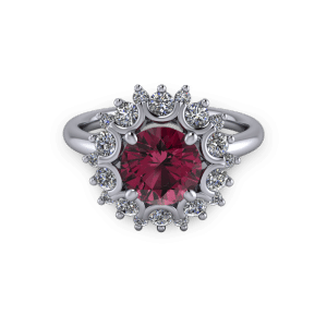White gold Ruby and diamond unique bezel halo engagement ring