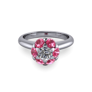 White gold and pink sapphire small halo solitaire ring