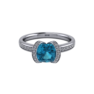White gold blue topaz and diamond bespoke half halo engagement ring