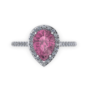 Pink tourmaline pear diamond and platinum halo birthstone engagement ring