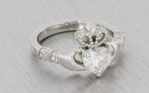 Custom-Cut Heart Diamond Platinum Claddagh Ring - Portfolio