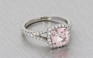 Palladium Split Shank Ring With A Cushion Cut Morganite And Diamond Halo