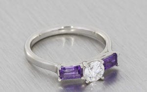 Diamond And Amethyst Platinum Three Stone Ring